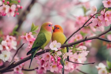 Two birds sitting on top of a tree branch, enjoying the view and observing their surroundings, Lovebirds perched on a cherry blossom tree, AI Generated