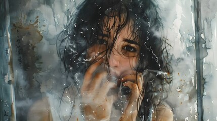 Watercolor Depiction of Woman Struggling with Allergic Reaction in Moldy Bathroom Environment