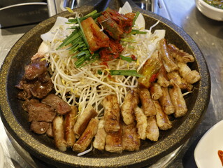 Korean food. Grilled Gopchang beef intestines. Korean Street Food.