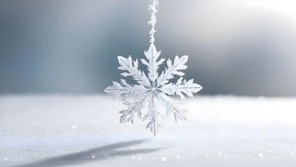 A tiny, intricate snowflake falling gently on a winter's day