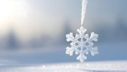 A tiny, intricate snowflake falling gently on a winter's day
