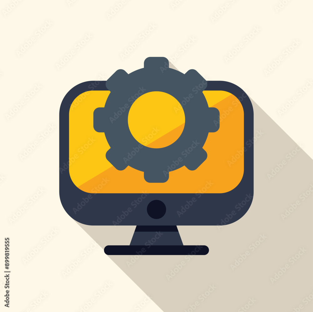 Poster desktop computer displaying a gear, representing the concept of optimization and efficient workflow