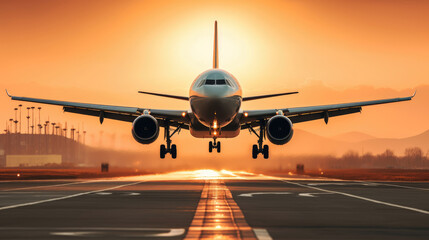 Naklejka premium generated illustration of an airplane is taking off from an airport runway, sunrise.