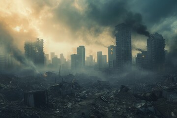 A ruined city, a desolate landscape, with crumbling buildings and smoke rising into the polluted air