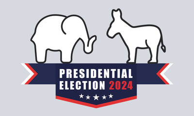 Vector poster with silhouettes of a donkey and a elephant, representing the Democratic and Republican parties stand facing each other above a banner with 