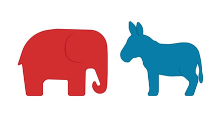 A red elephant representing the Republican Party and a blue donkey representing the Democratic Party face each other, symbolizing political rivalry between the two major parties in the United States
