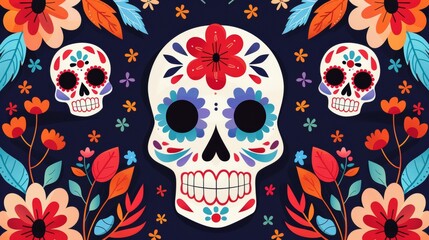 Colorful dia de los muertos skulls and floral illustration on a dark background, perfect for themed visuals and festive designs.