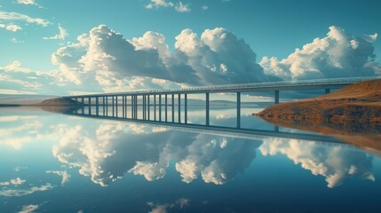 A bridge stretches across still water and clouds reflect the midday light.