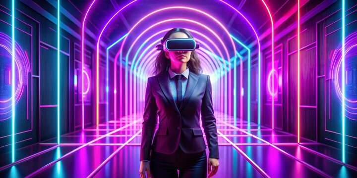 Woman in Virtual Reality in Neon Hallway