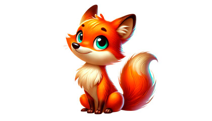 Fototapeta premium Cute cartoon fox with big eyes, isolated on a white background. Ideal for children's books, educational content, and nature-themed designs. Useful for businesses in publishing, education, and wildlife