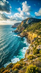 Fototapeta premium A stunning coastal landscape shows a rugged cliffside overlooking a vibrant blue sea.