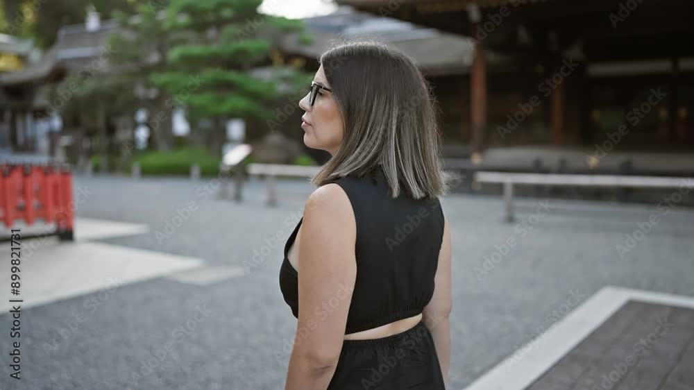 Sticker Beautiful hispanic woman with glasses poses at fushimi inari-taisha, joy radiating from her successful smile, confidence stands strikingly in kyoto's grand shrine