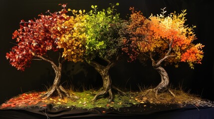 A row of four intricately detailed miniature trees, each representing a different season with vivid foliage colors transitioning from red to green to yellow to orange, set against a black background.