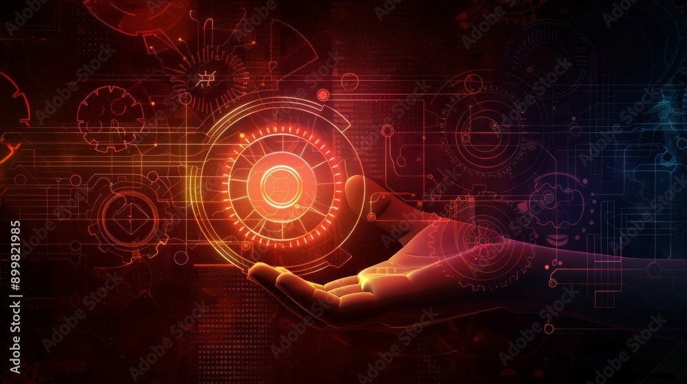 Poster Hand reaching out with red holographic interface and mechanical gears. Advanced technology and digital engineering concept.