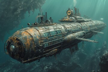 A rusty, steampunk submarine navigates through a dark underwater cave, its lights illuminating the rocky walls