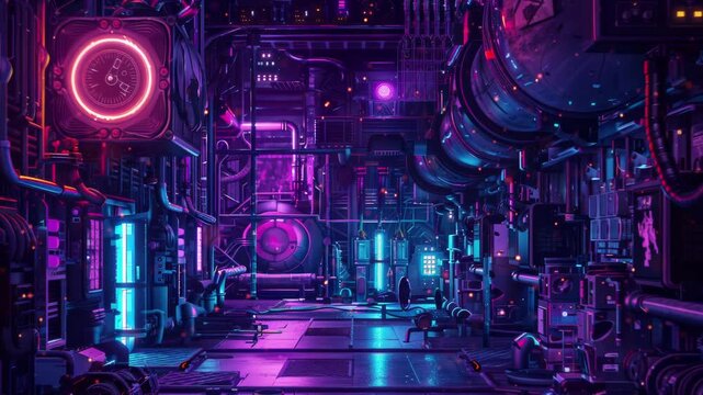 Steampunk settings in synthwave style with neon-lit details and a dark background. Seamless Loop Animation