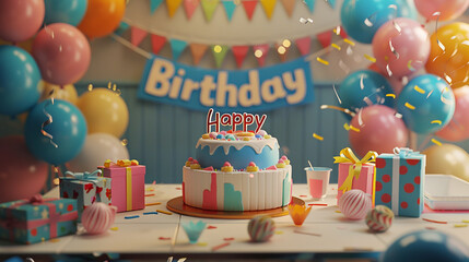 Fototapeta premium A colorful birthday setup with a decorated cake, balloons, and presents, capturing a festive and joyful celebration, ideal for birthday party themes.