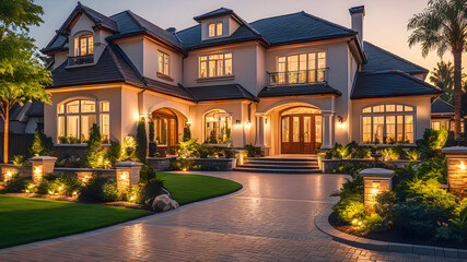 Beautiful modern farmhouse style luxury home exterior at twilight, lights, enchanting garden and front yard. Large cobbled driveway in front of an impressive English design mansion. Generative AI