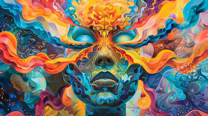 A vibrant and abstract psychedelic artwork with swirling colors and a central human face, representing creativity and expression.