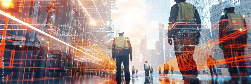 Poster engineers walking through modern construction site with digital overlays representing urban developm