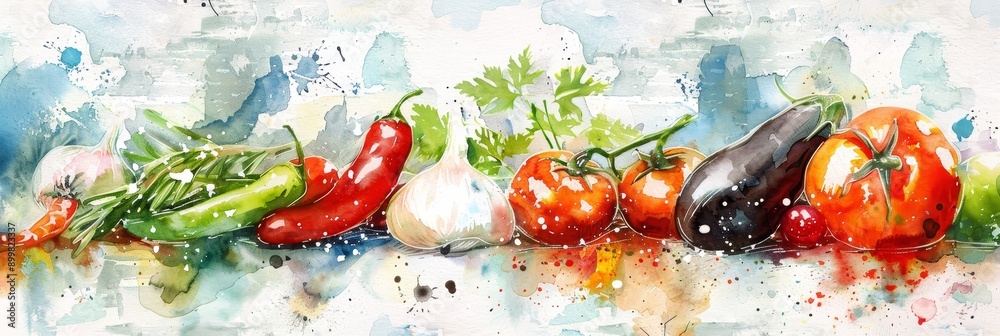 Sticker A watercolor painting showcasing a variety of fresh vegetables, including red peppers, green peppers, garlic, tomatoes, and eggplant. The painting captures the essence of a healthy, vibrant kitchen.