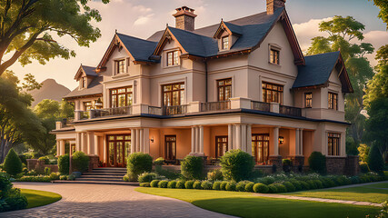 Fototapeta premium Beautiful modern farmhouse style luxury home exterior at twilight, lights, enchanting garden and front yard. Large cobbled driveway in front of an impressive English design mansion. Generative AI