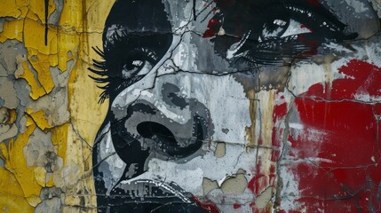 Fototapeta premium A striking close-up of street art featuring a woman's face painted on a cracked urban wall. The vibrant colors and peeling paint add texture and depth, creating a visually compelling scene.