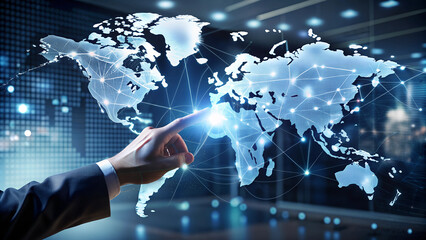 A hand points at a digital world map on the screen, surrounded by data and graphs The background is dark with a blurred office space in focus Generative AI
