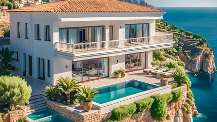 Fototapeta premium Luxury Mediterranean villa, pool overlooking sea in summer. Beautiful mansion with terrace, white house, tranquil relaxing mood. Luxurious estate. Concept of property, early sunset. Generative AI