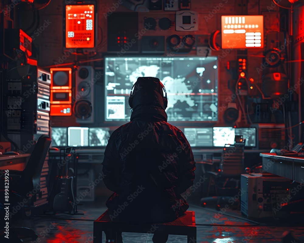 Poster hacker within futuristic high tech workspace with sleek digital devices and gadgets