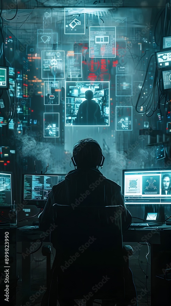 Poster hacker navigating the dark web with cryptic symbols and anonymous chat rooms