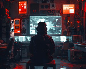 Hacker within futuristic high tech workspace with sleek digital devices and gadgets