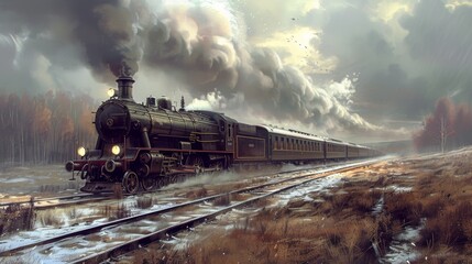 Fototapeta premium A dramatic scene of a steam locomotive traveling through a winter landscape. Thick smoke billows from the engine, creating a striking contrast with the snowy surroundings. The image captures the power