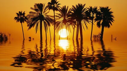 Obraz premium An image of water reflection in a corner, a clean, clear, golden, simple, and a large sun with a minimalist theme.