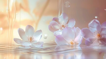 Dreamy Blossoms in Soft Light - Delicate blossoms floating in serene water, illuminated by soft, dreamy light, creating a tranquil and ethereal atmosphere.