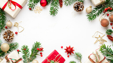 Christmas-themed flat lay with wrapped gifts and evergreen branches on a snowy white background. Generative AI.