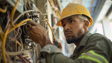 An electrician fixing electricity in an building in construction process.