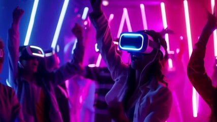 A group of young adults, both men and women, are engaged in an immersive virtual reality experience at a neon-lit party. They wear VR headsets, raise hands in excitement, and vibrant lights