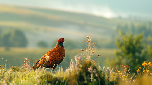 Red grouse bird, standing in a green meadow on Glorious Twelfth day, beautiful Scottish hills in the background, Ai generated Images