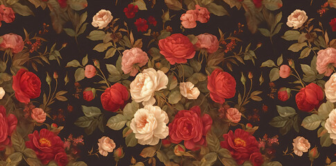Seamless Floral Pattern with Red and White Roses.