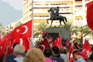 Happy 9th September Liberation of Izmir. Izmir Republic Square vector illustration. Translation: 9 Eylül İzmir'in kurtuluşu kutlu olsun.