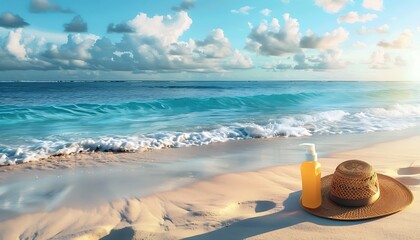 A bottle of sunblock lotion with a beach hat beside it, placed on a sandy beach.