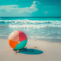 Obraz premium A brightly colored beach ball lying on pristine white sand, with turquoise waves in the background.