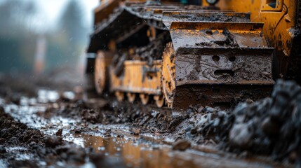 Fototapeta premium Close up of a bulldozer digging foundation on construction site.