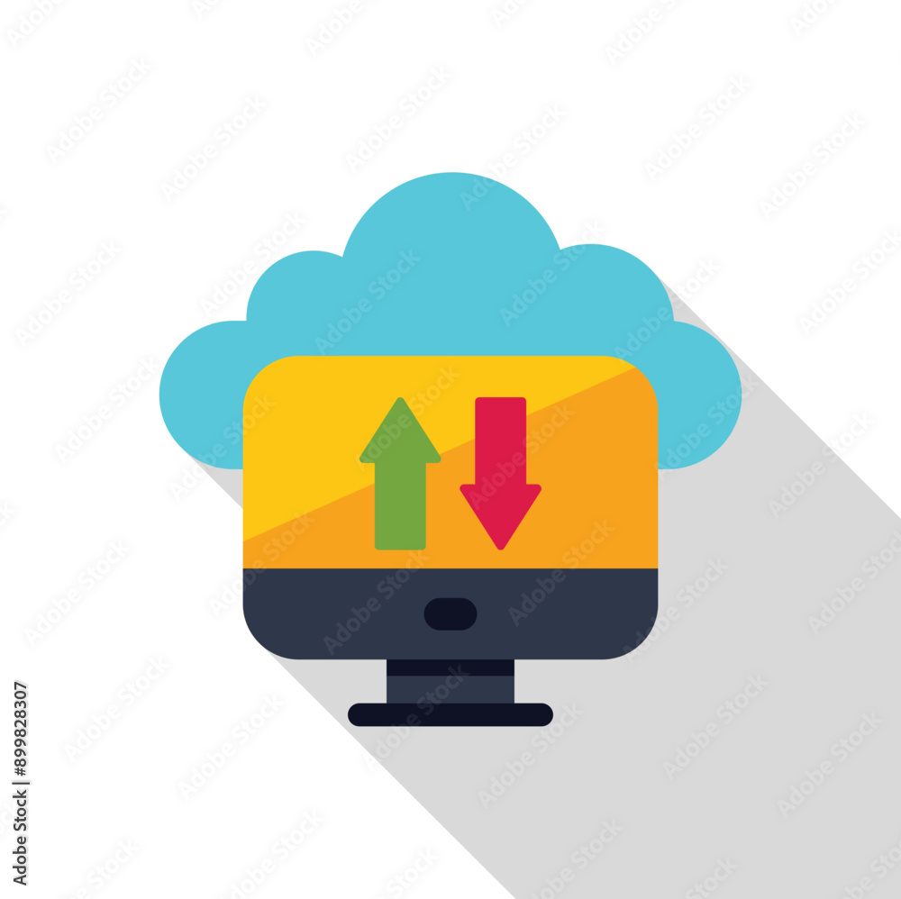 Poster computer uploading and downloading data with cloud backup above, data storage and information transf