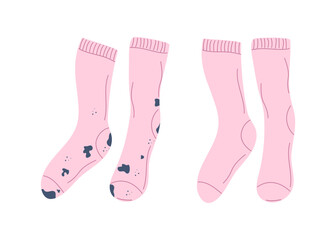 Dirty socks with stains and a pair of clean socks. Clothes stained with dirt and washed. Laundry care, washing. Vector illustration on a white background.