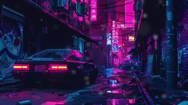 Urban art and graffiti in synthwave style with neon-lit details and a dark background. Seamless Loop Animation