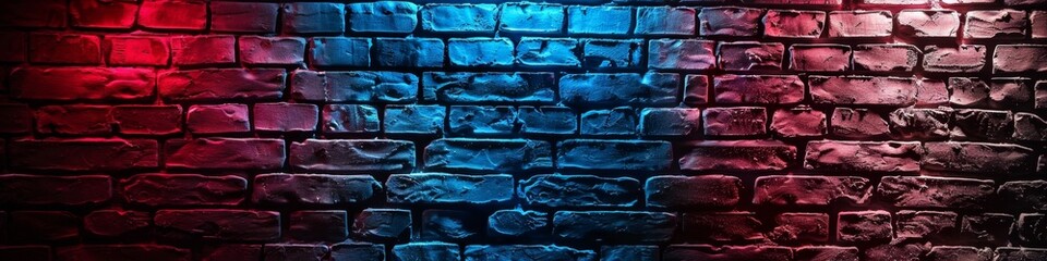 Obraz premium Vibrant Neon Lights on Raw Brick Wall: Urban Chic Backdrop with Red and Blue Illumination. Textured Unplastered Surface Creates Industrial Ambiance. Perfect for Modern Design, Nightlife Themes, or Edg