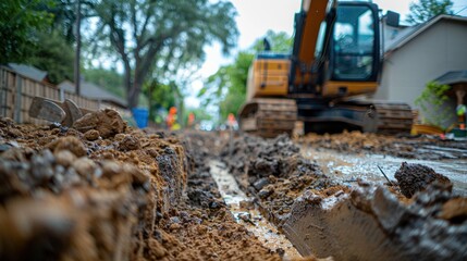 Obraz premium Cropped picture of a backhoe digging soil and making foundation at construction site.