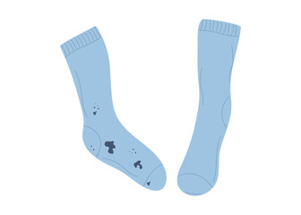 Socks. Dirty clothes with stains and clean clothes. Clothes stained with dirt and washed. Linen care, washing. Vector illustration isolated on white background.